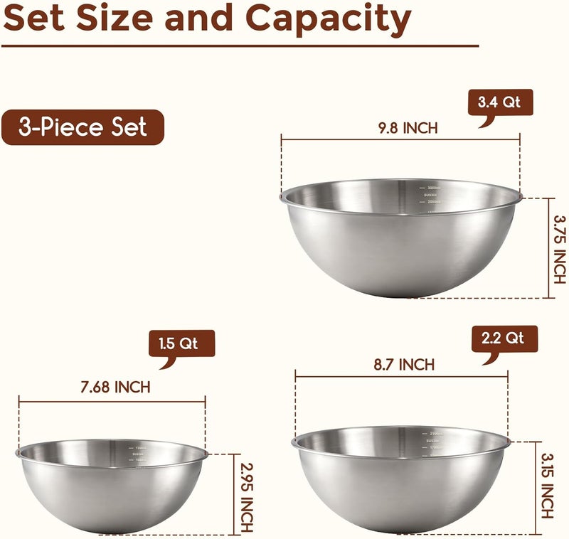 Gronivex 3-Piece Stainless Steel Mixing Bowls Set (17.5",8.7" 9.8" Inches) - Food Grade 304 with Measurement Marks, Dishwasher Safe & Stackable - Perfect for Baking, Salad Making, Meal Prep and Kitchen Use - Image 2