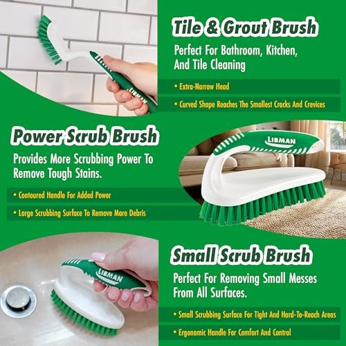 Libman طقم فرشاة تنظيف ليبمان - ثلاث فرش متينة مختلفة للجص، البلاط، الحمام، المطبخ. سهلة الاستخدام، ألياف قوية للتخلص من الفوضى الصعبة - عائلية مصنوعة في الولايات المتحدة الأمريكية، للجنسين، رقم 2406 - Image 3