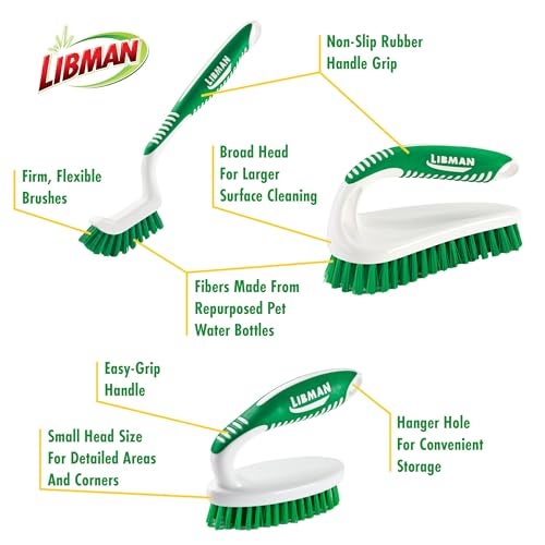 Libman طقم فرشاة تنظيف ليبمان - ثلاث فرش متينة مختلفة للجص، البلاط، الحمام، المطبخ. سهلة الاستخدام، ألياف قوية للتخلص من الفوضى الصعبة - عائلية مصنوعة في الولايات المتحدة الأمريكية، للجنسين، رقم 2406 - Image 4