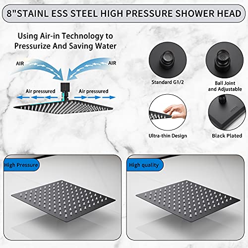 GGStudy Black Shower Faucet GGStudy Single Function Shower Trim Kit with Rough-in Valve Shower Set Bath Rainfall Shower Faucet System 8inch Square Stainless Steel Metal Shower Head - Image 3