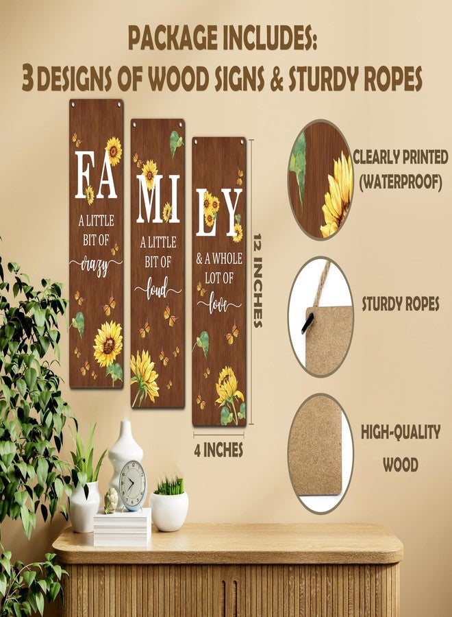 Zmyollo Family Wall Decor Sign, 3 Pieces Sunflower Wooden Sign With Rope, Rustic Wood Sign Wall Art Decor For Farmhouse Home Living Room Bedroom, Artwork Gifts For Family Friend -43 - Image 2