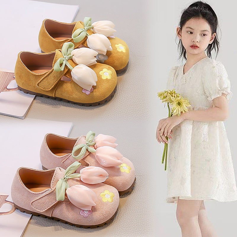 2026 Spring and Autumn New Tulip Girls'' Princess Shoes Fashionable Versatile Floral Casual Shoes Baby Soft Sole Leather Shoes - Image 2