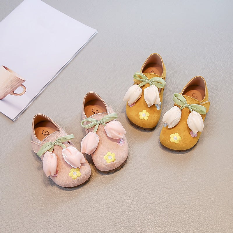 2026 Spring and Autumn New Tulip Girls'' Princess Shoes Fashionable Versatile Floral Casual Shoes Baby Soft Sole Leather Shoes - Image 3