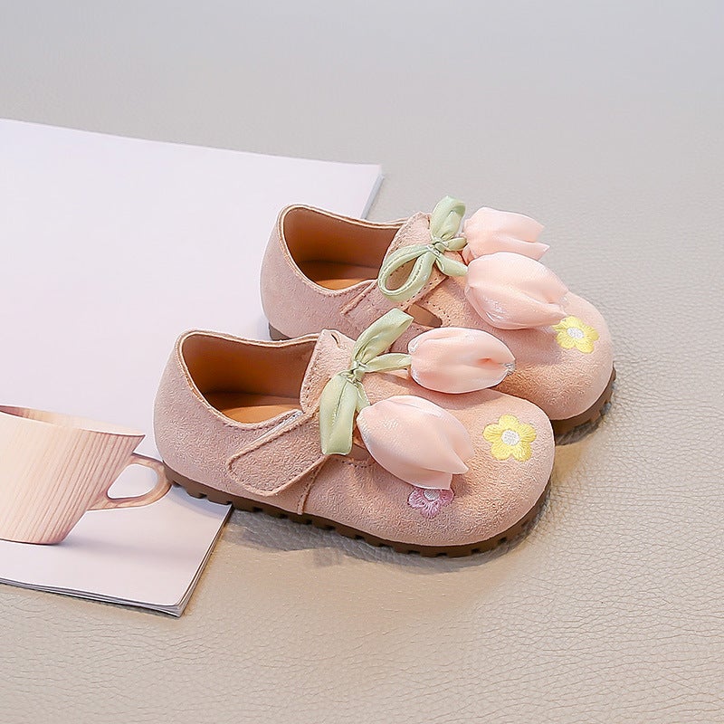 2026 Spring and Autumn New Tulip Girls'' Princess Shoes Fashionable Versatile Floral Casual Shoes Baby Soft Sole Leather Shoes - Image 4