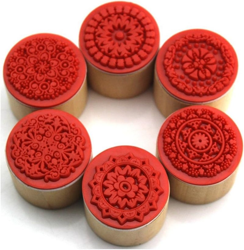 Decora 6 Pieces Floral Pattern Round Wooden Rubber Stamp for Scrapbooking - Image 1