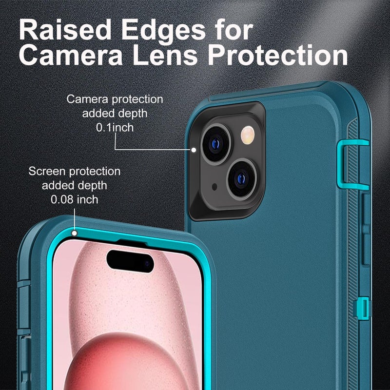YKHJKLEC for iPhone 15 Case, Military Grade 3 in 1 Heavy Duty Shockproof/Drop Proof/Dust Proof Case with 2Pcs Tempered Glass Screen Protector (Blue/Turquoise) - Image 3