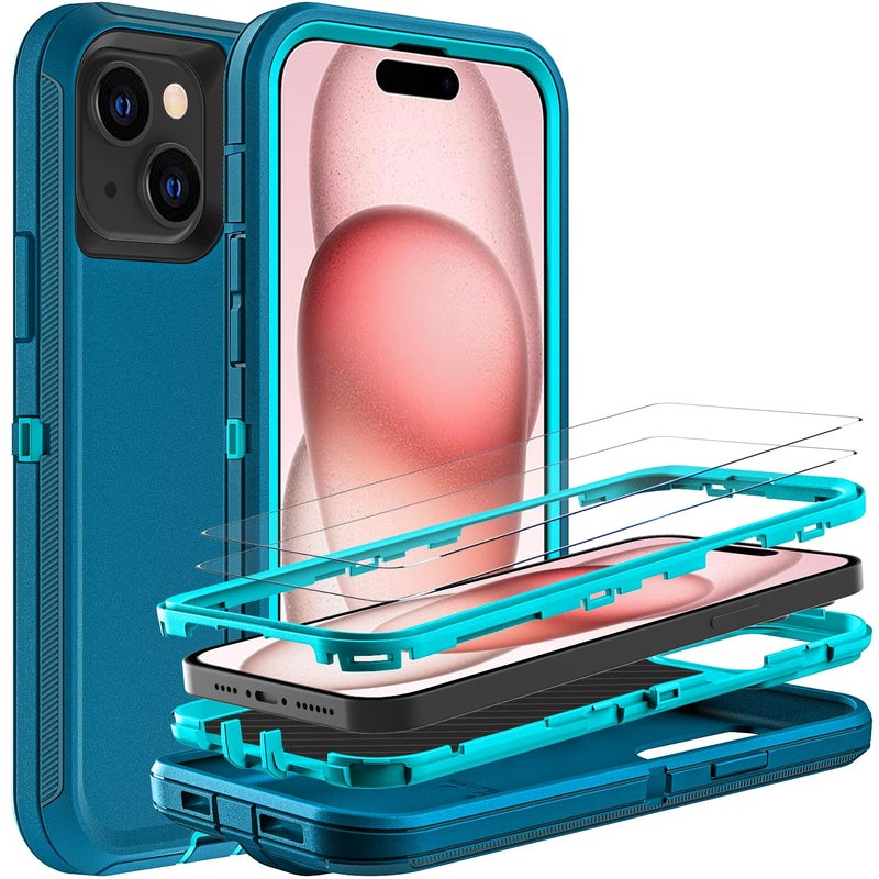 YKHJKLEC for iPhone 15 Case, Military Grade 3 in 1 Heavy Duty Shockproof/Drop Proof/Dust Proof Case with 2Pcs Tempered Glass Screen Protector (Blue/Turquoise) - Image 1