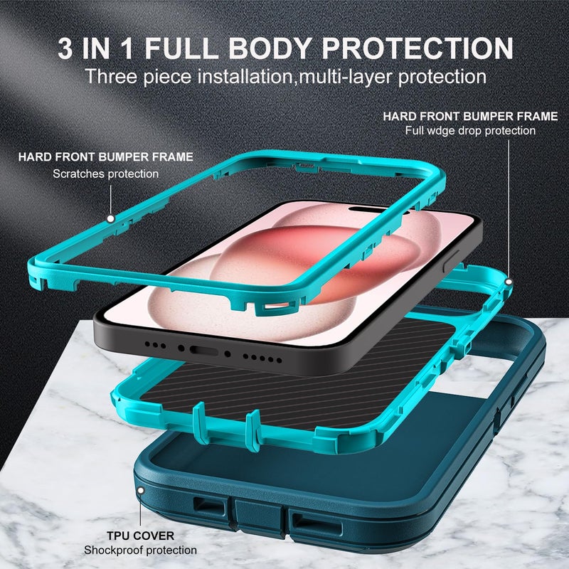 YKHJKLEC for iPhone 15 Case, Military Grade 3 in 1 Heavy Duty Shockproof/Drop Proof/Dust Proof Case with 2Pcs Tempered Glass Screen Protector (Blue/Turquoise) - Image 4
