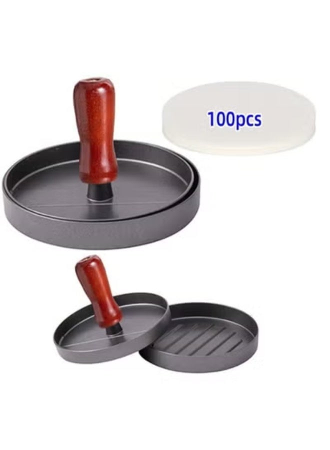 Stainless Steel Hamburger Patty Press Mold Wood Handle Non-Stick - Image 1