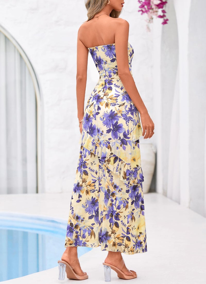 BTFBM Off The Shoulder Dresses for Women Summer 2026 Strapless Ruffle Sundress Slit Formal Cocktail Wedding Guest Dress(Floral Apricot Blue, XX-Large) - Image 3