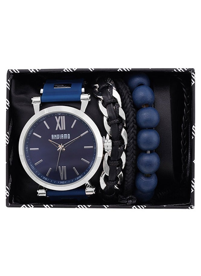 ANDIAMO Men's Analog Metal Case Blue Dial Silicone Band Set Watch 