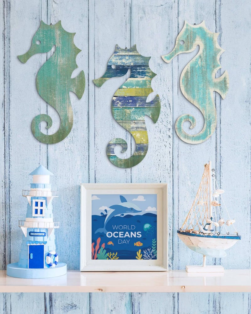 Putuo Decor Putuo ديكور الخشب فرس البحر جدار ديكور خمر الحياة البحرية جدار الفن المحيط الساحلية جدار الفن البحر الحصان الديكور غرفة الساحلية ديكور المحيط ديكور لغرفة النوم لغرفة النوم غرفة المعيشة ديكورات المنزل - Image 2