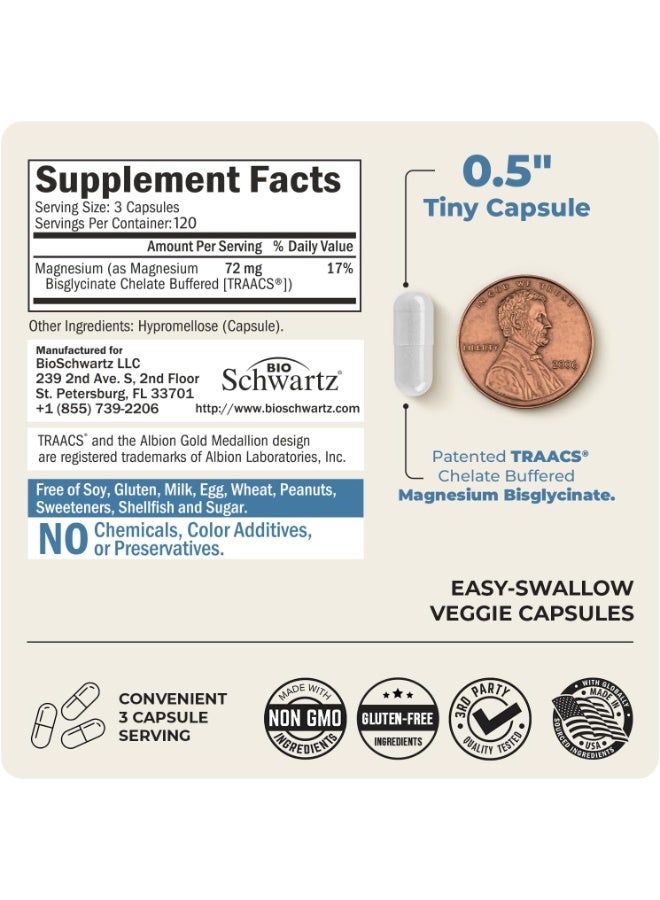 BioSchwartz Magnesium Bisglycinate Chelated Supplement - High Absorption Magnesium Glycinate Supplement for Women and Men - Sleep, Muscle, Bone & Joint Support - Non-GMO, Non-Laxative Chelate - 360 Capsules - Image 1