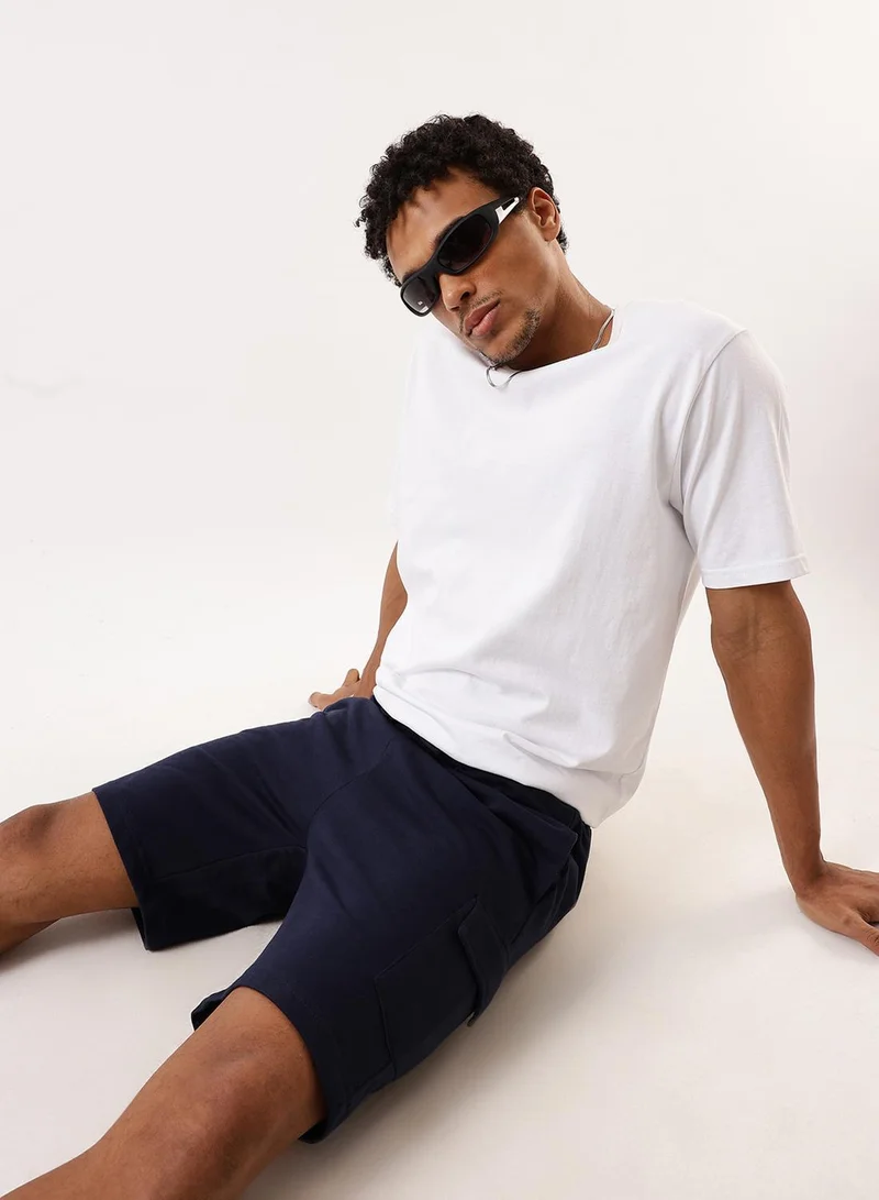 Men's Navy Terry Solid Knee Length Lounge Relaxed Shorts