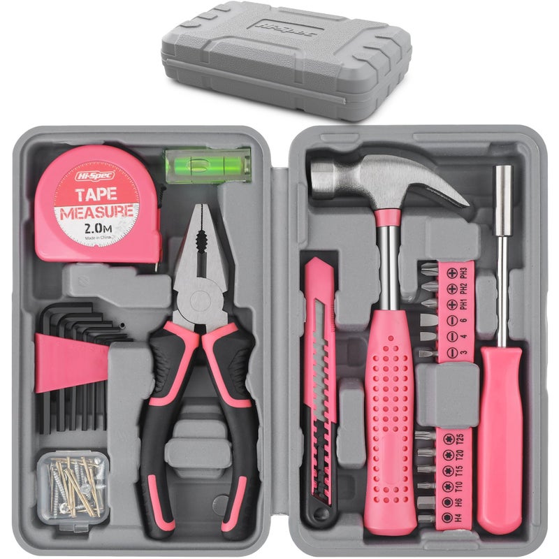 HiSpec Tool Set 25pc Pink Household DIY Tool Kit for Women Small Mini Tool Box Set of Starter Basic Ladies Tools