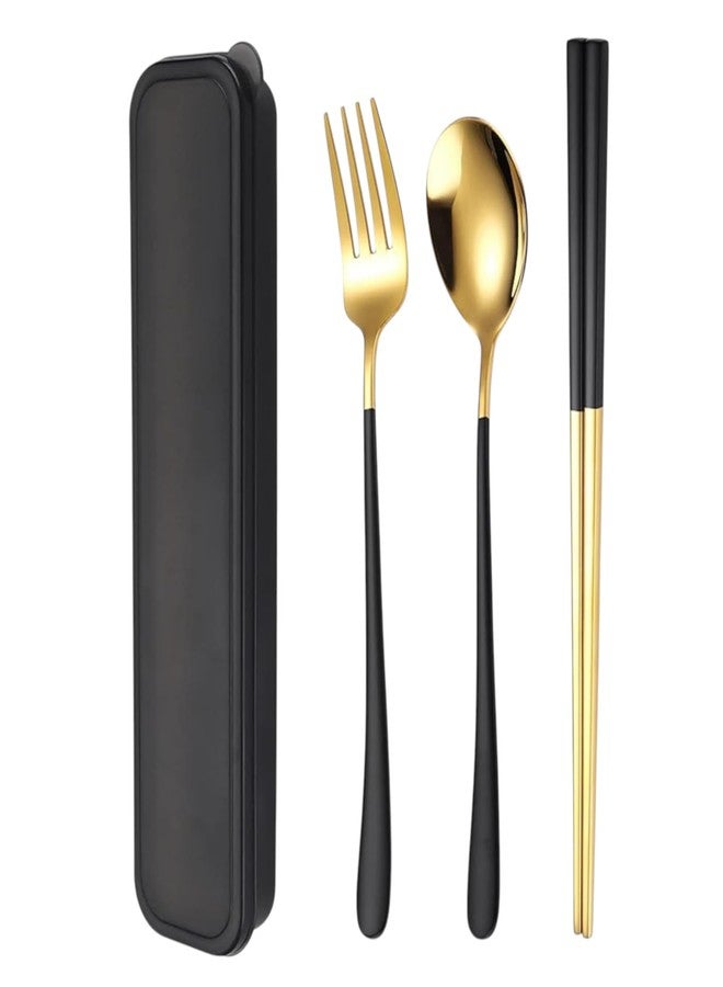 9UP® Gold Stainless Steel Premium Spoon, Fork & Two Chopstick | Portable Dinnerware Cutlery Set | Golden Stainless Steel Tableware Travel Spoon Set (Pack of 1Set) - Image 1