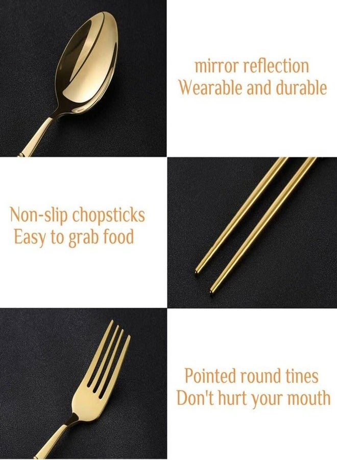 9UP® Gold Stainless Steel Premium Spoon, Fork & Two Chopstick | Portable Dinnerware Cutlery Set | Golden Stainless Steel Tableware Travel Spoon Set (Pack of 1Set) - Image 5