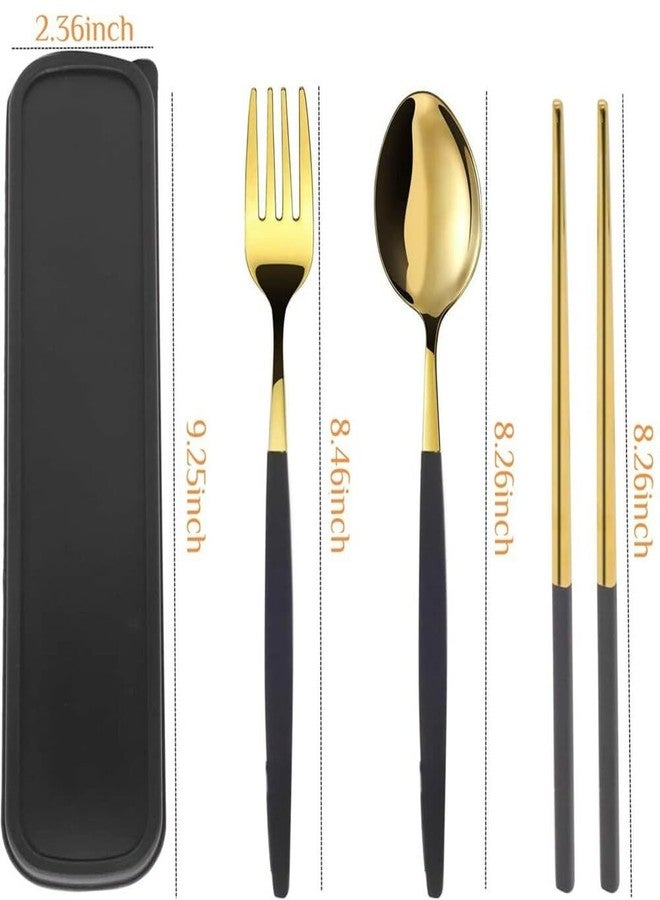 9UP® Gold Stainless Steel Premium Spoon, Fork & Two Chopstick | Portable Dinnerware Cutlery Set | Golden Stainless Steel Tableware Travel Spoon Set (Pack of 1Set) - Image 3