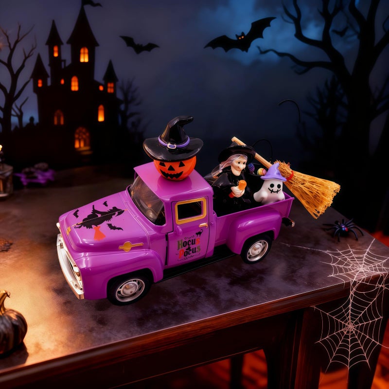 Teeloray Witch Halloween Decor Indoor Vintage Metal Truck with Mini Witches Pumpkin Cauldron Ghost Figures Purple Hocus Pocus Tiered Tray Decor Halloween Witch Table Decorations for Home Kitchen Mantel Shelf - Image 2
