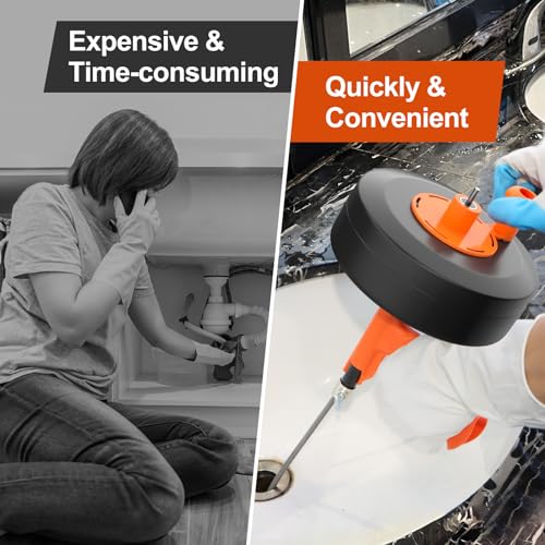 KINGLEV Drain Snake, 25ft Flexible Steel Drain Auger With Drill Adapter, Plumbing Unblocking Hand Auger, Manual Or Powered for Shower & Bathtub Clogs-No auto retract or feed (Orange) - Image 5