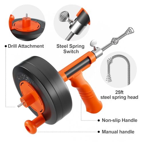 KINGLEV Drain Snake, 25ft Flexible Steel Drain Auger With Drill Adapter, Plumbing Unblocking Hand Auger, Manual Or Powered for Shower & Bathtub Clogs-No auto retract or feed (Orange) - Image 2