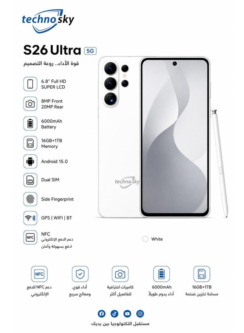 techno sky S26 Ultra 5G Smartphone White with KALOBEE AMOLED Smart Watch Bundle - Image 2