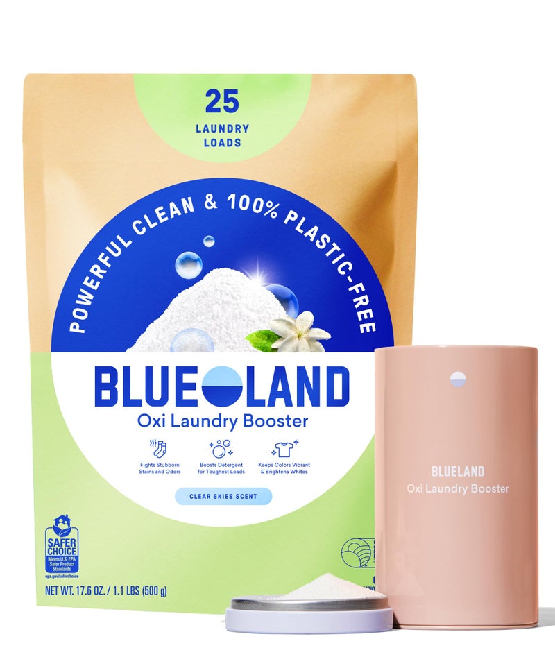 BLUELAND Oxi Laundry Booster Powder with Tin, Starter Set, Clear Skies Scent, 25 Loads, 17.6 oz, Plastic-Free, Eco Friendly, Oxy Cleaner, Stain Remover - Image 1