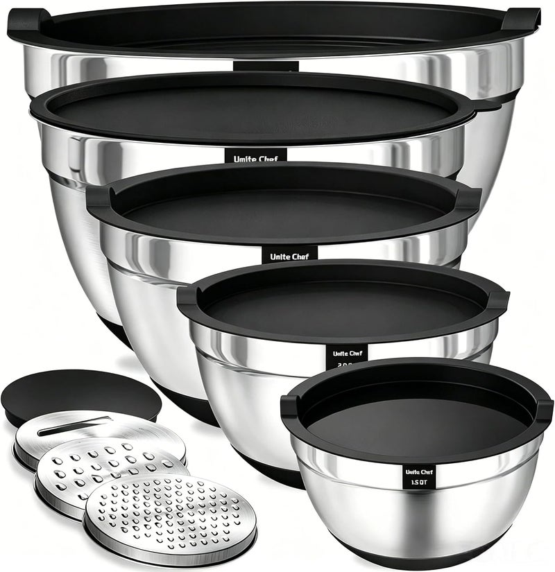 Umite Chef Mixing Bowls with Airtight Lids, 8PCS Stainless Steel Nesting Mixing Bowls Set, 3 Grater Attachments & Non-Slip Bottoms, Black Kitchen Bowls, Size 5, 4, 3.5, 2, 1.5QT for Baking & Serving - Image 1