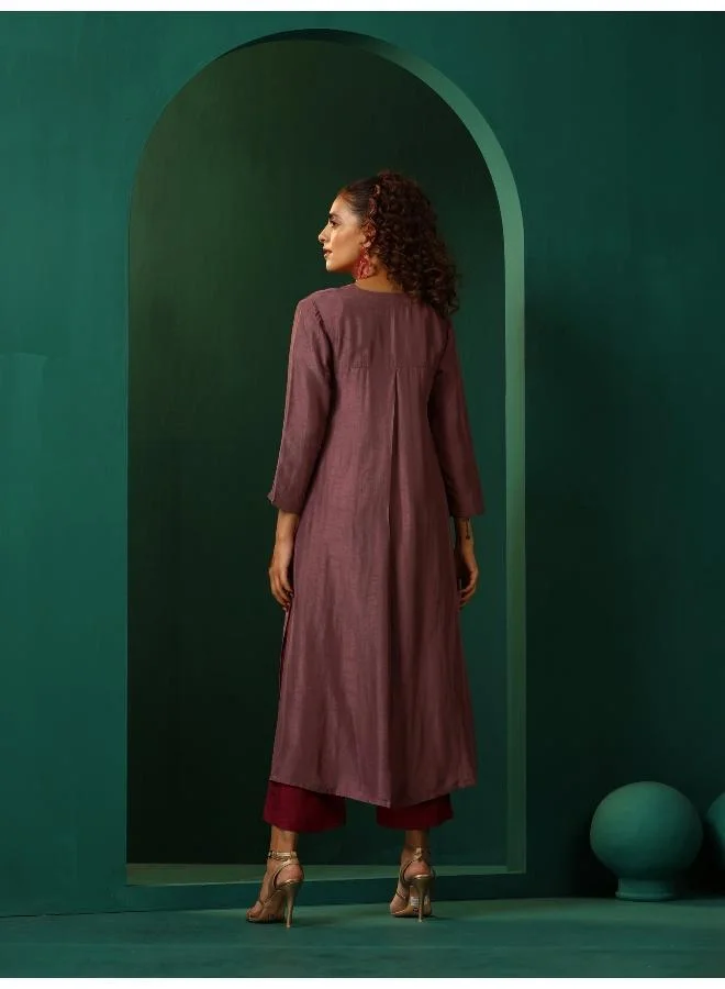 trueBrowns trueBrowns Light Mauve Silk Front Pleat Kurta Pant Set