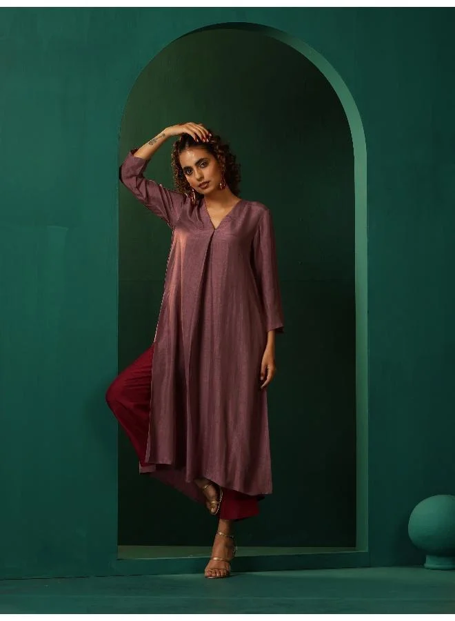 trueBrowns trueBrowns Light Mauve Silk Front Pleat Kurta Pant Set