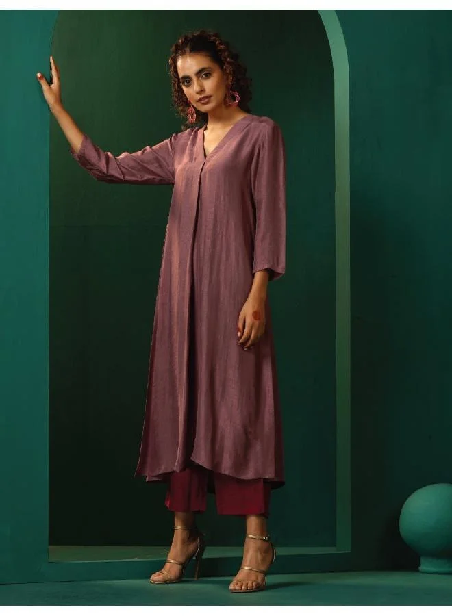 trueBrowns trueBrowns Light Mauve Silk Front Pleat Kurta Pant Set
