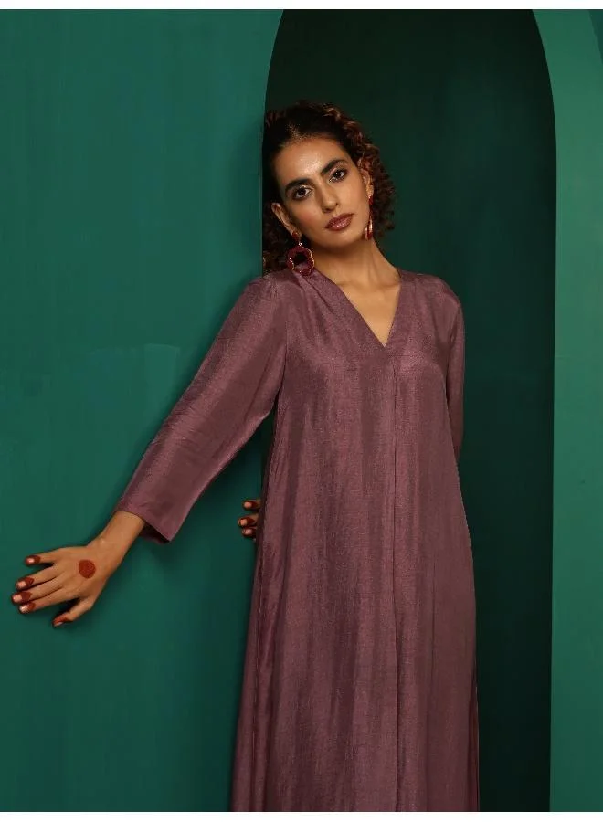 trueBrowns trueBrowns Light Mauve Silk Front Pleat Kurta Pant Set