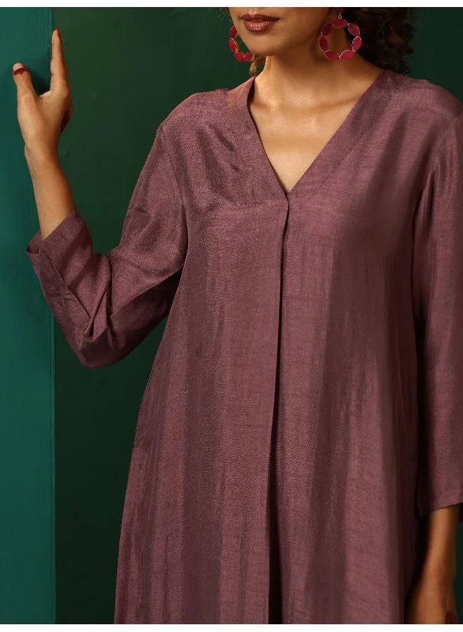 trueBrowns trueBrowns Light Mauve Silk Front Pleat Kurta Pant Set