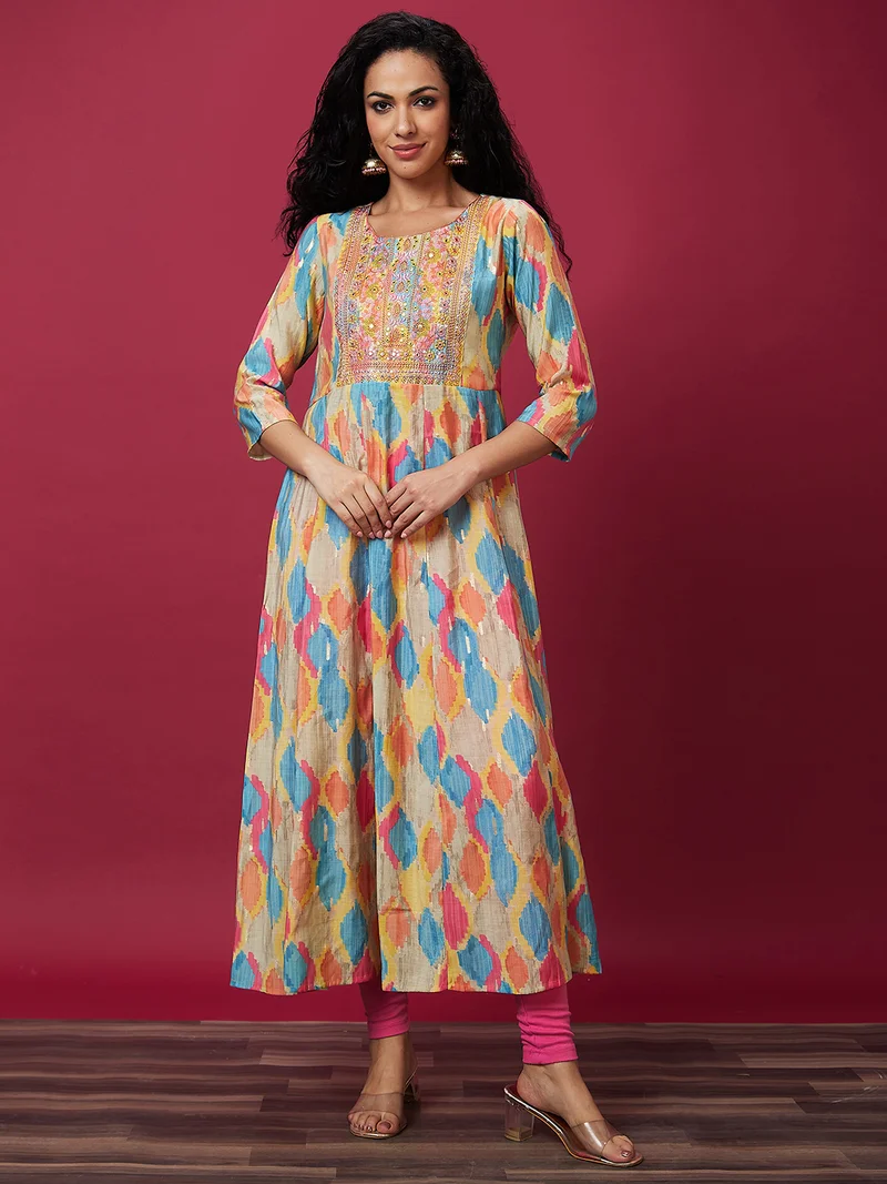 globus Globus Women Embroidered Abstract Printed Anarkali Kurta