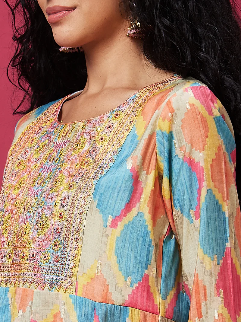 globus Women Embroidered Abstract Printed Anarkali Kurta