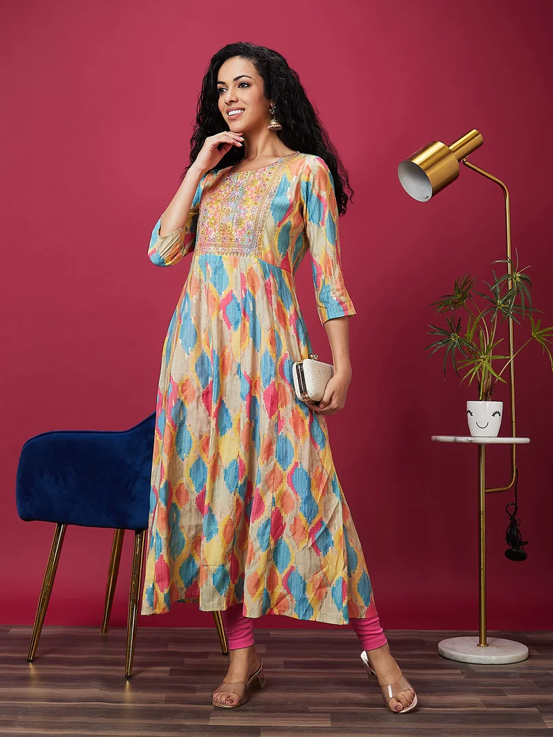 globus Women Embroidered Abstract Printed Anarkali Kurta