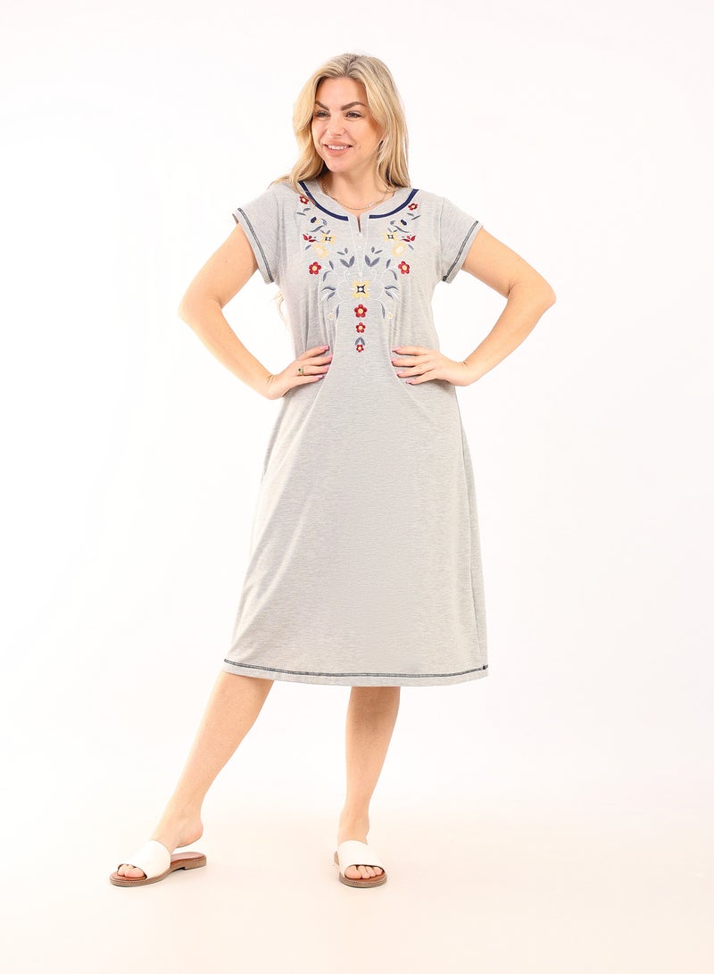 zecotex  Summer Short Dress | Grey Embroidered Mini Dress | Elegant Half Sleeves | Cotton Fabric | Lightweight & Comfortable Women's Loungewear  - Image 1