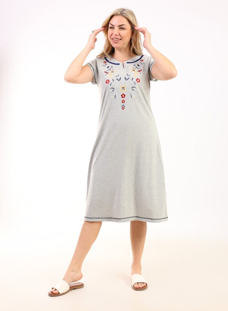 zecotex  Summer Short Dress | Grey Embroidered Mini Dress | Elegant Half Sleeves | Cotton Fabric | Lightweight & Comfortable Women's Loungewear  - Image 3