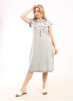 zecotex  Summer Short Dress | Grey Embroidered Mini Dress | Elegant Half Sleeves | Cotton Fabric | Lightweight & Comfortable Women's Loungewear  - Image 4