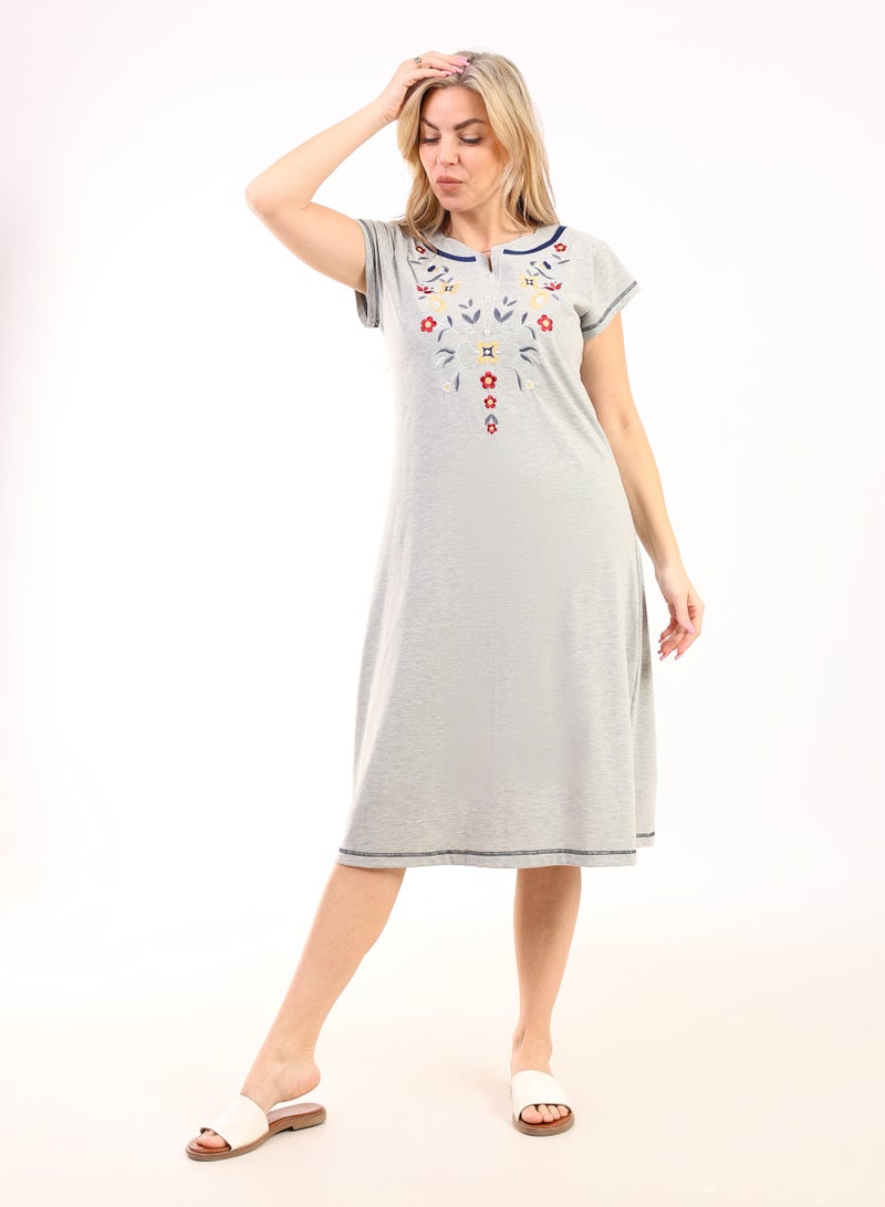 zecotex  Summer Short Dress | Grey Embroidered Mini Dress | Elegant Half Sleeves | Cotton Fabric | Lightweight & Comfortable Women's Loungewear  - Image 4