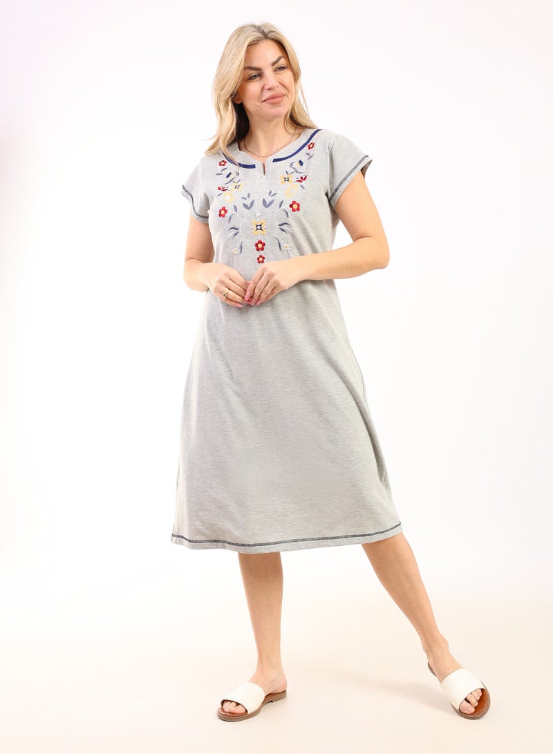 zecotex  Summer Short Dress | Grey Embroidered Mini Dress | Elegant Half Sleeves | Cotton Fabric | Lightweight & Comfortable Women's Loungewear  - Image 5
