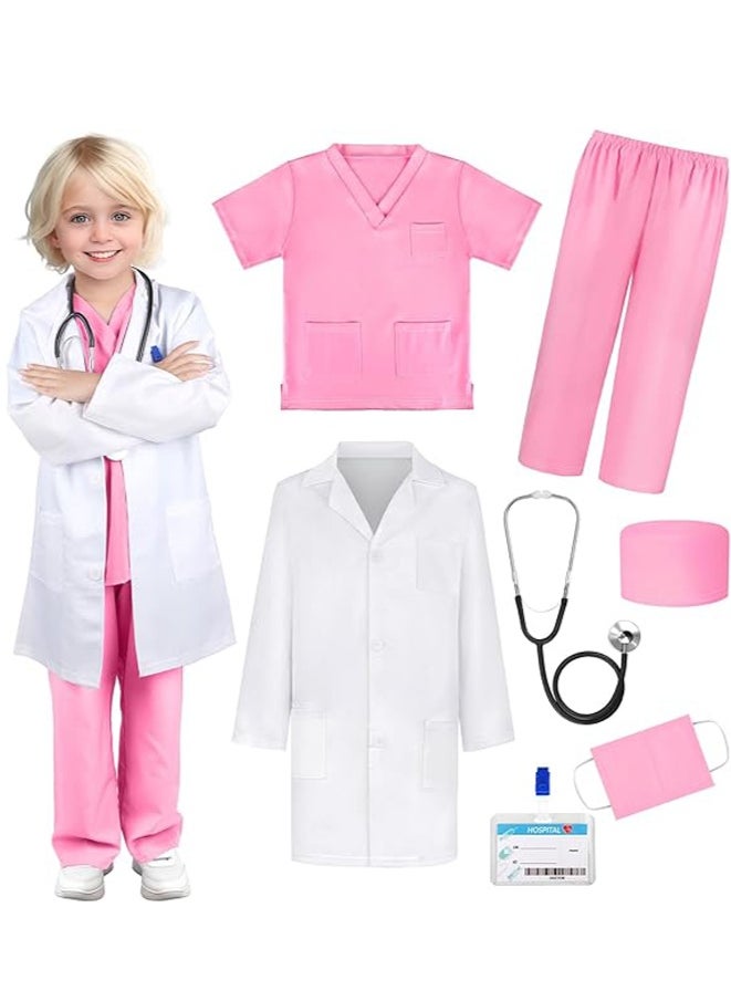 MAOGEDA Complete Kids' Doctor Pretend Play Costume Set: Scrubs, White Lab Coat, Real Stethoscope - Suitable for Ages 3-12, Great for Role - Playing and Parties, 7 Pieces - Pink  - Image 1