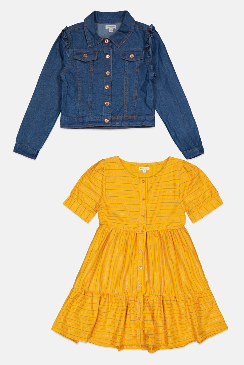 Nanette lepore Kids Girl 2 Piece Stripe Dress With Denim Jacket Set, Multicolor - Image 1
