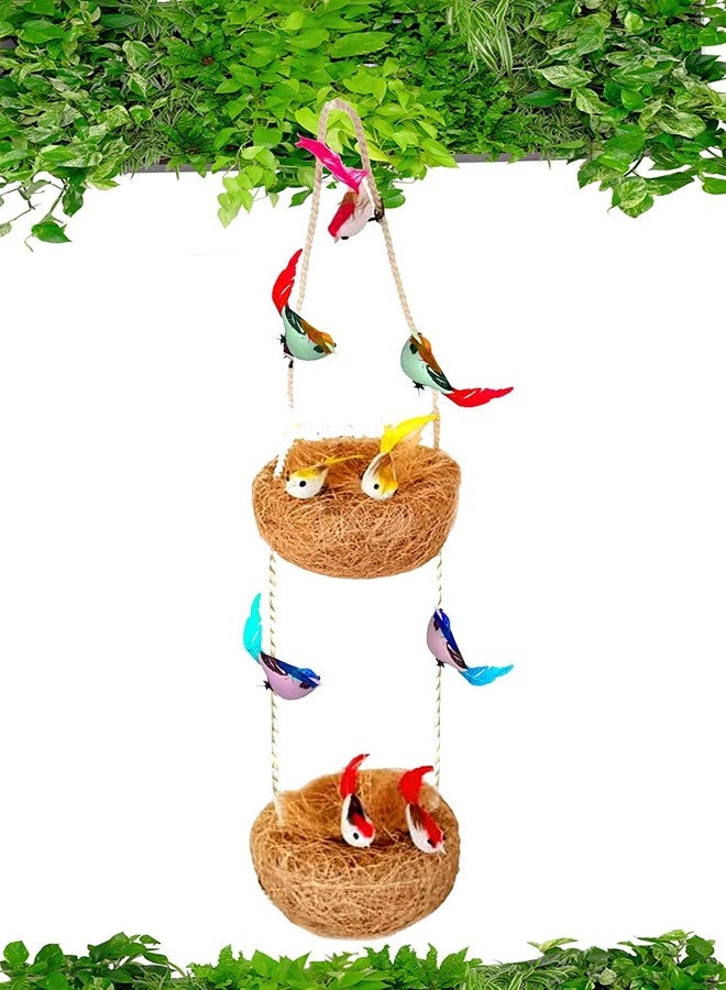 LIVEONCE Coir Two Tier nest for Decoration with 8 Birds Color -Brown,w -8 cm, H -40 cm,L-8 cm -1 Piece - Image 3