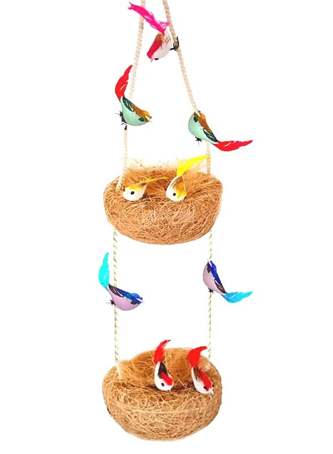 LIVEONCE Coir Two Tier nest for Decoration with 8 Birds Color -Brown,w -8 cm, H -40 cm,L-8 cm -1 Piece - Image 1