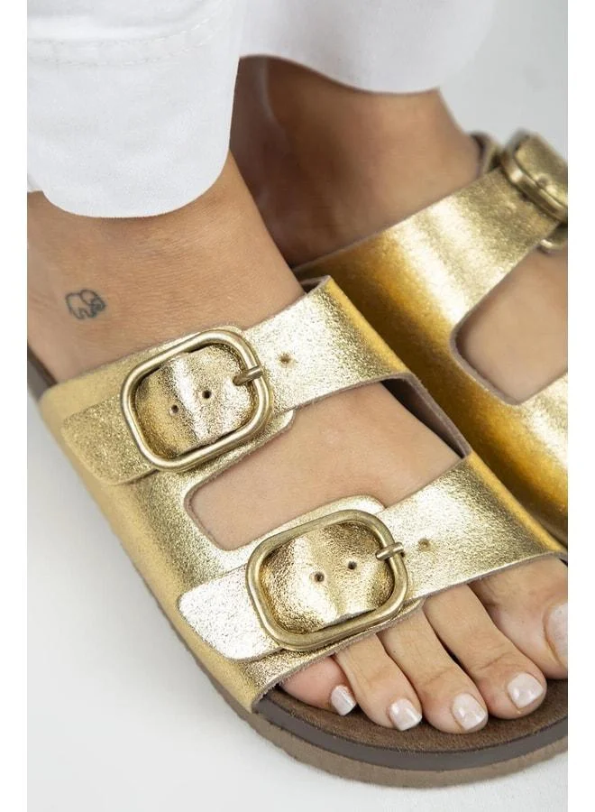 Manijero  Jazmin Women's Genuine Leather Double Buckle Gold Slippers. for Women | Best Price UAE