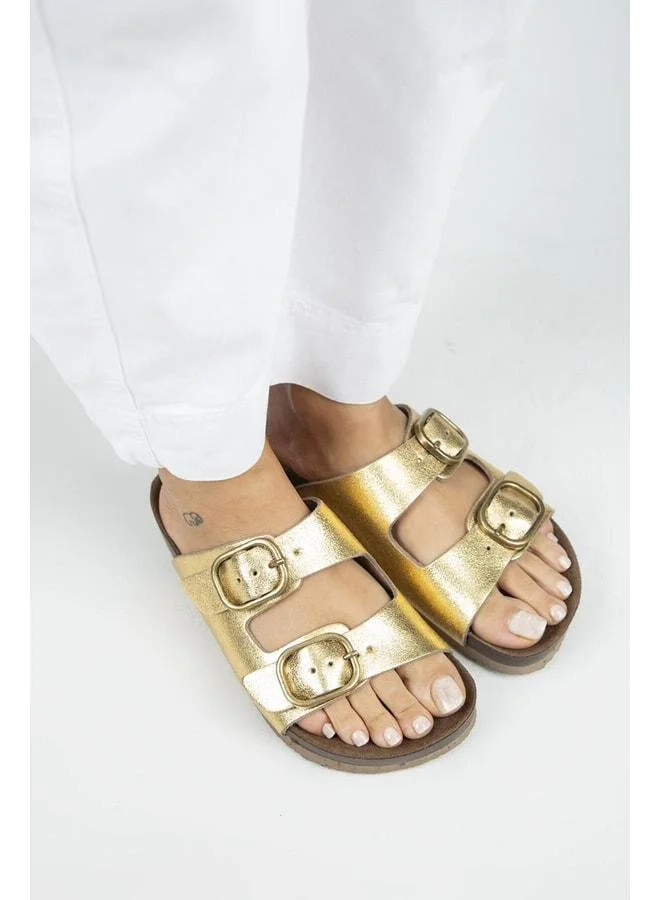 Jazmin Women's Genuine Leather Double Buckle Gold Slippers.