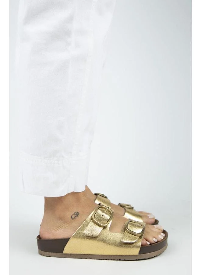 Manijero  Jazmin Women's Genuine Leather Double Buckle Gold Slippers. for Women | Best Price UAE