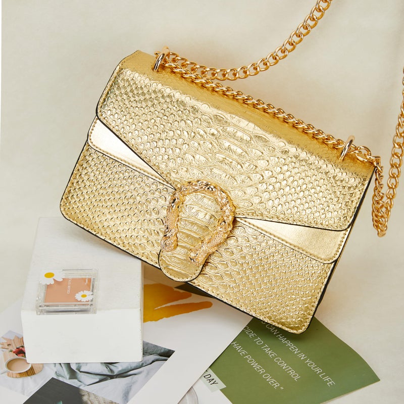 DEEPMEOW Leather Shoulder Bag Chain Purse for Women - Fashion Crossbody Bags Vintage Snake Print Underarm Bag Square Satchel Clutch Handbagï¼ˆGOLDï¼‰ - Image 2