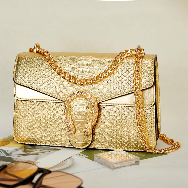 DEEPMEOW Leather Shoulder Bag Chain Purse for Women - Fashion Crossbody Bags Vintage Snake Print Underarm Bag Square Satchel Clutch Handbagï¼ˆGOLDï¼‰ - Image 3